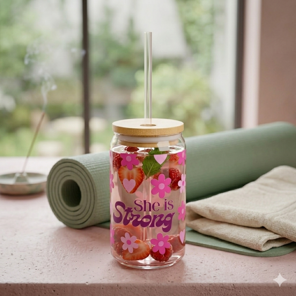 She Is Strong 16oz Sipper Glass – Floral Empowerment Drink Jar