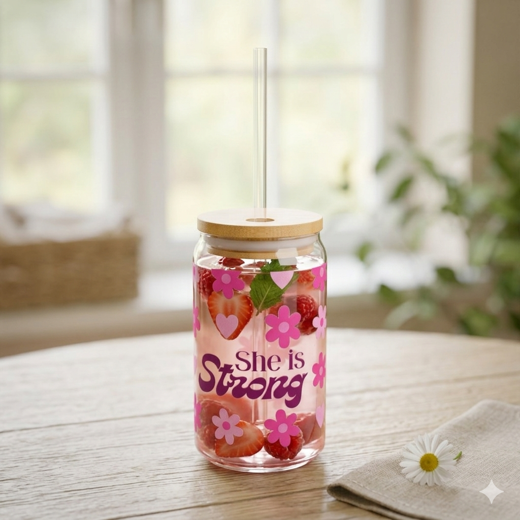 She Is Strong 16oz Sipper Glass – Floral Empowerment Drink Jar