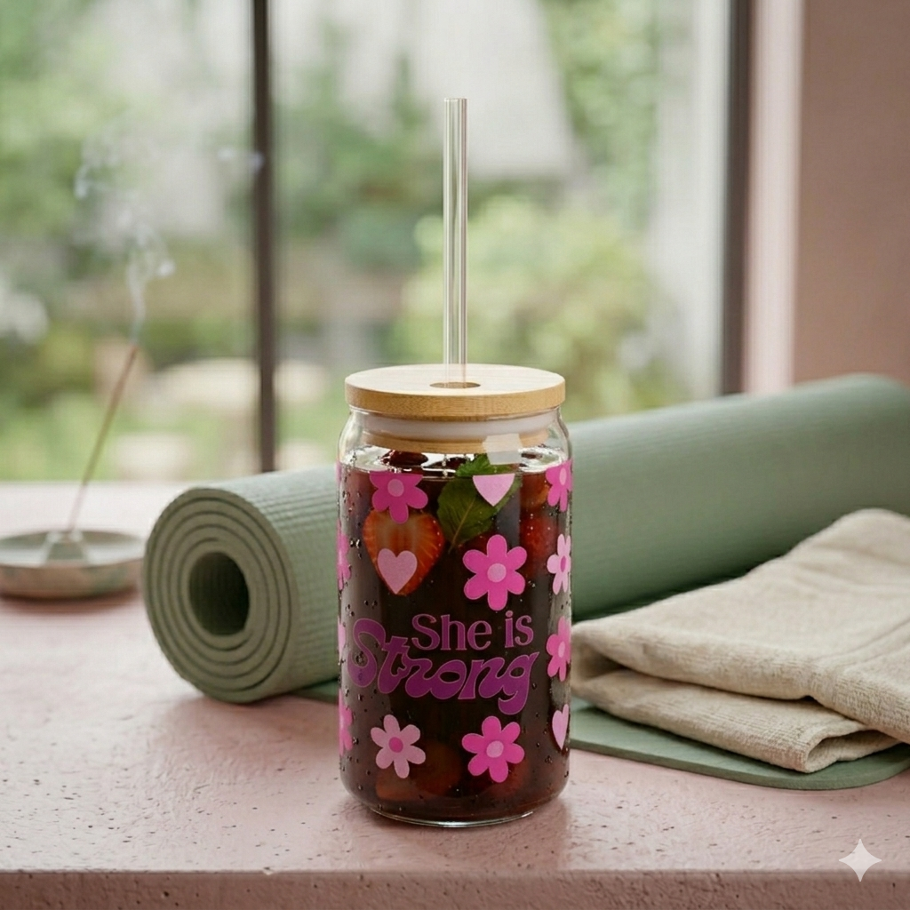 She Is Strong 16oz Sipper Glass – Floral Empowerment Drink Jar