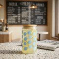 Hexagon Blue Pattern Sipper Glass — 16oz Reusable Straw Tumbler
