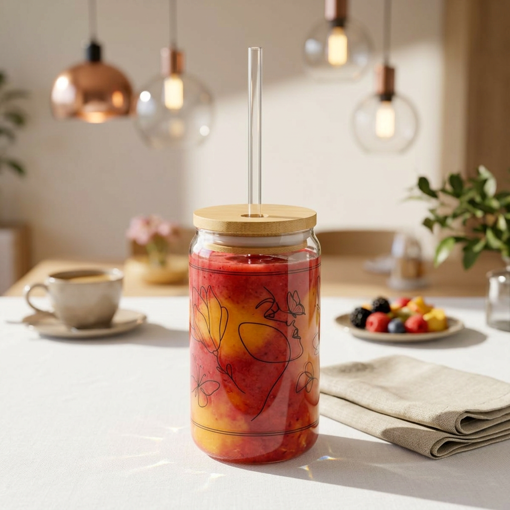 Floral Outline Sipper Glass - 16oz Bamboo Lid & Straw