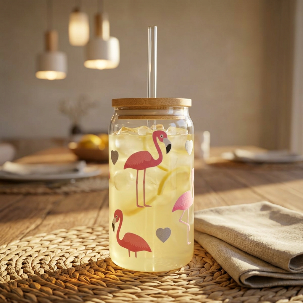 Flamingo Hearts Sipper Glass — 16oz Reusable Straw Tumbler