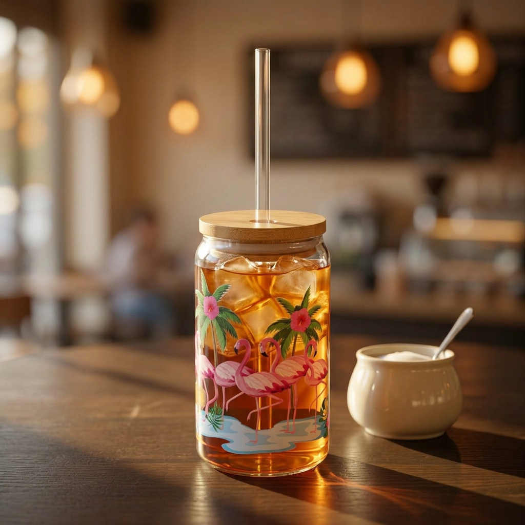 Flamingo Beach Sipper Glass — 16oz Tropical Drink Jar with Straw