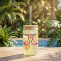 Flamingo Floral Sipper Glass — 16oz Tropical Drink Jar with Straw