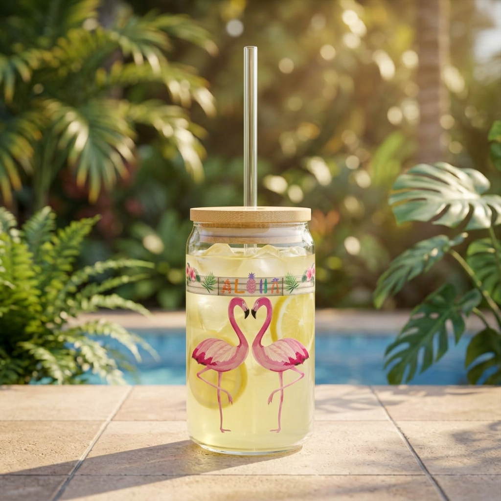 Flamingo Floral Sipper Glass — 16oz Tropical Drink Jar with Straw