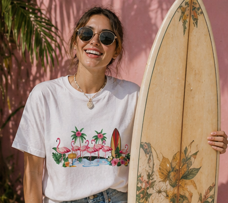 T-Shirt - Tropical Flamingo Surf Scene Graphic Tee