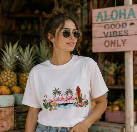 T-Shirt - Tropical Flamingo Surf Scene Graphic Tee