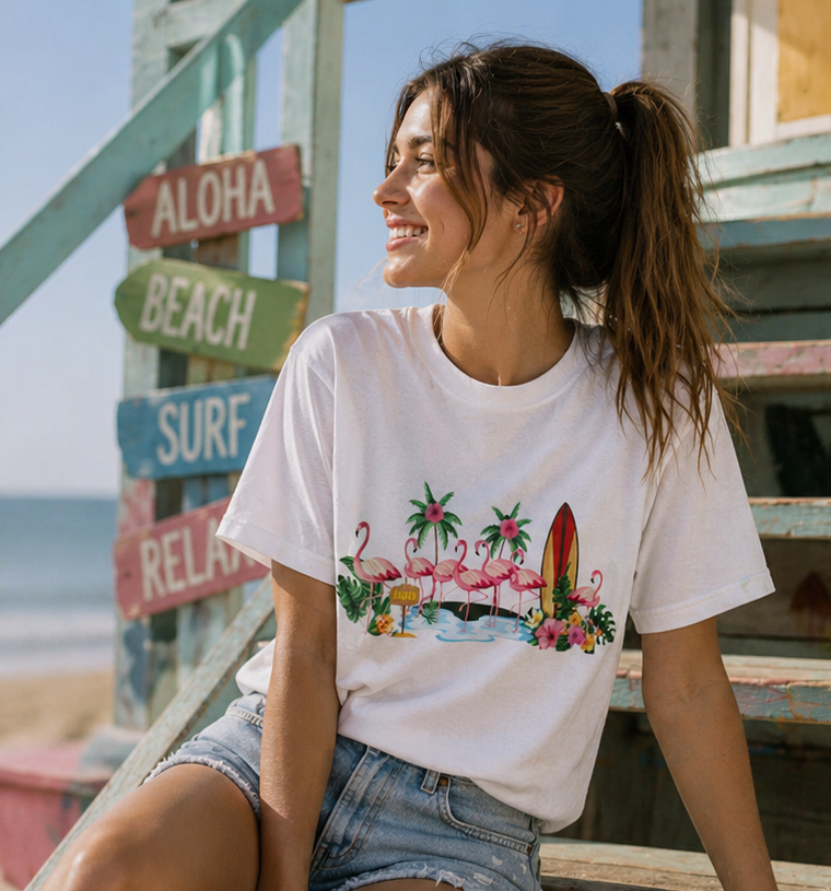 T-Shirt - Tropical Flamingo Surf Scene Graphic Tee