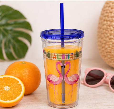 16oz Flamingo Aloha Tumbler with Straw — Tropical Sunsplash Drink Cup