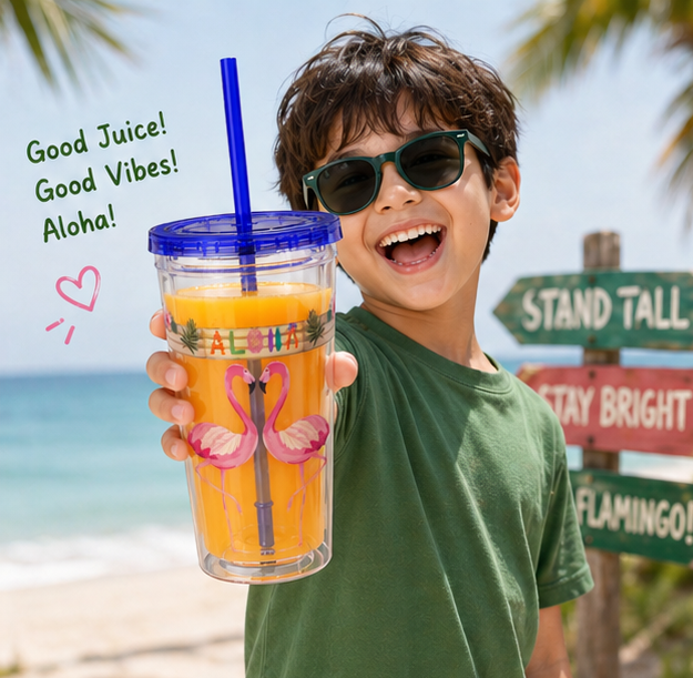 16oz Flamingo Aloha Tumbler with Straw — Tropical Sunsplash Drink Cup