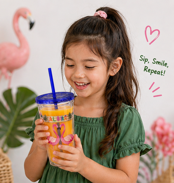 16oz Flamingo Aloha Tumbler with Straw — Tropical Sunsplash Drink Cup
