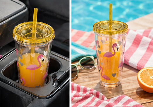 Flamingo Heart 16oz Tumbler with Straw — Cute Pink Flamingo Drink Cup