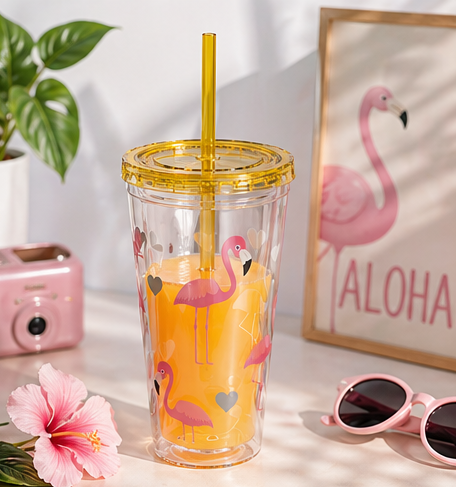 Flamingo Heart 16oz Tumbler with Straw — Cute Pink Flamingo Drink Cup