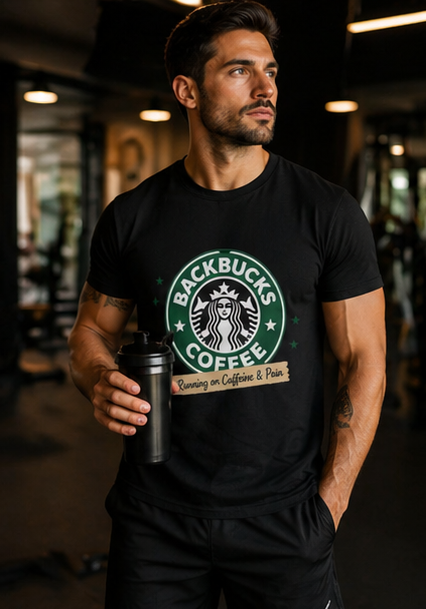 Backbucks Coffee T-Shirt — "Running on Caffeine & Pain" Vintage Logo Tee