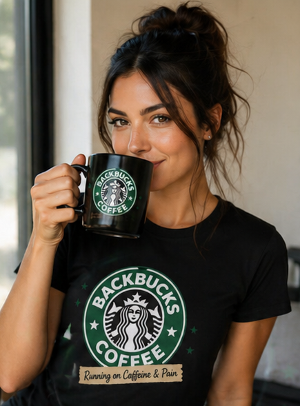 Backbucks Coffee T-Shirt — "Running on Caffeine & Pain" Vintage Logo Tee