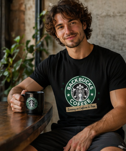 Backbucks Coffee T-Shirt — "Running on Caffeine & Pain" Vintage Logo Tee