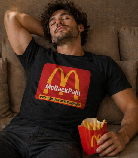 McBackPain Graphic T-Shirt — Funny Fast Food Parody Tee