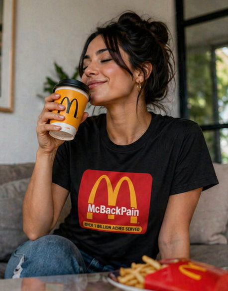 McBackPain Graphic T-Shirt — Funny Fast Food Parody Tee