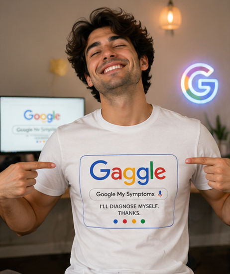 Gaggle Search Parody T-Shirt — "Gaggle: Google My Symptoms" Funny Tech-Inspired Tee