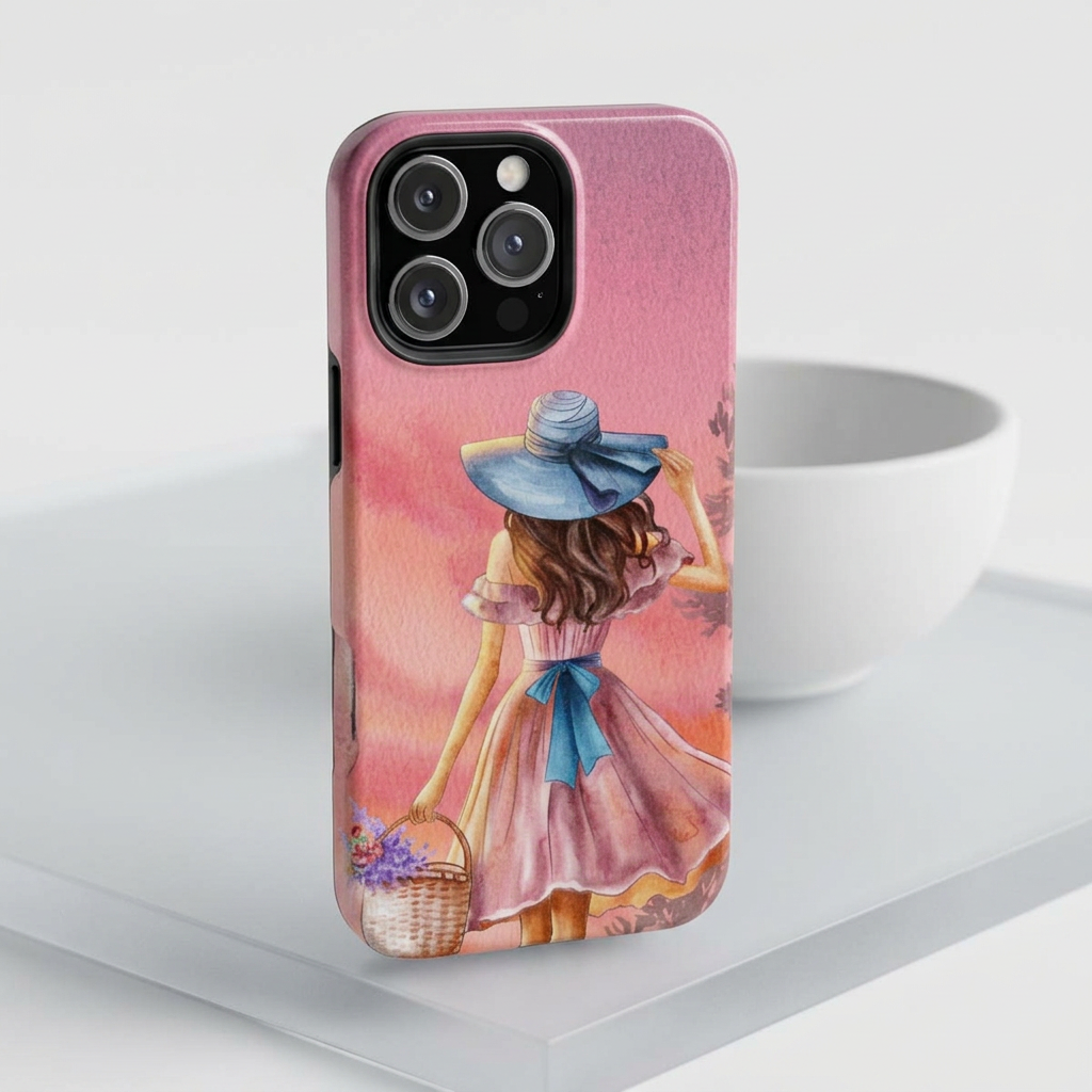 Pastel Picnic Girl Phone Case — Protective Tough Phone Case with Watercolor Sunset Design