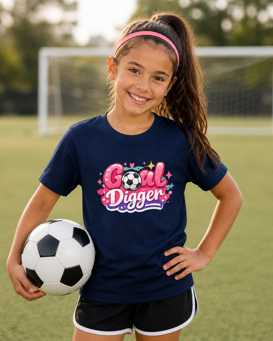 Youth Soccer Tee — "Goal Digger" Cute Pink Soccer Graphic