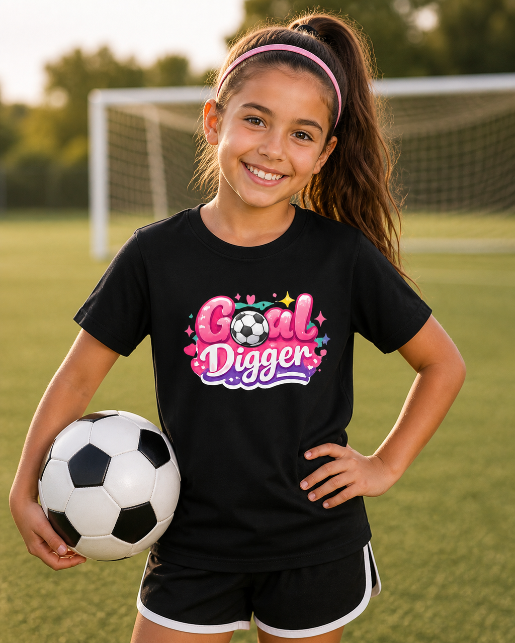 Youth Soccer Tee — "Goal Digger" Cute Pink Soccer Graphic