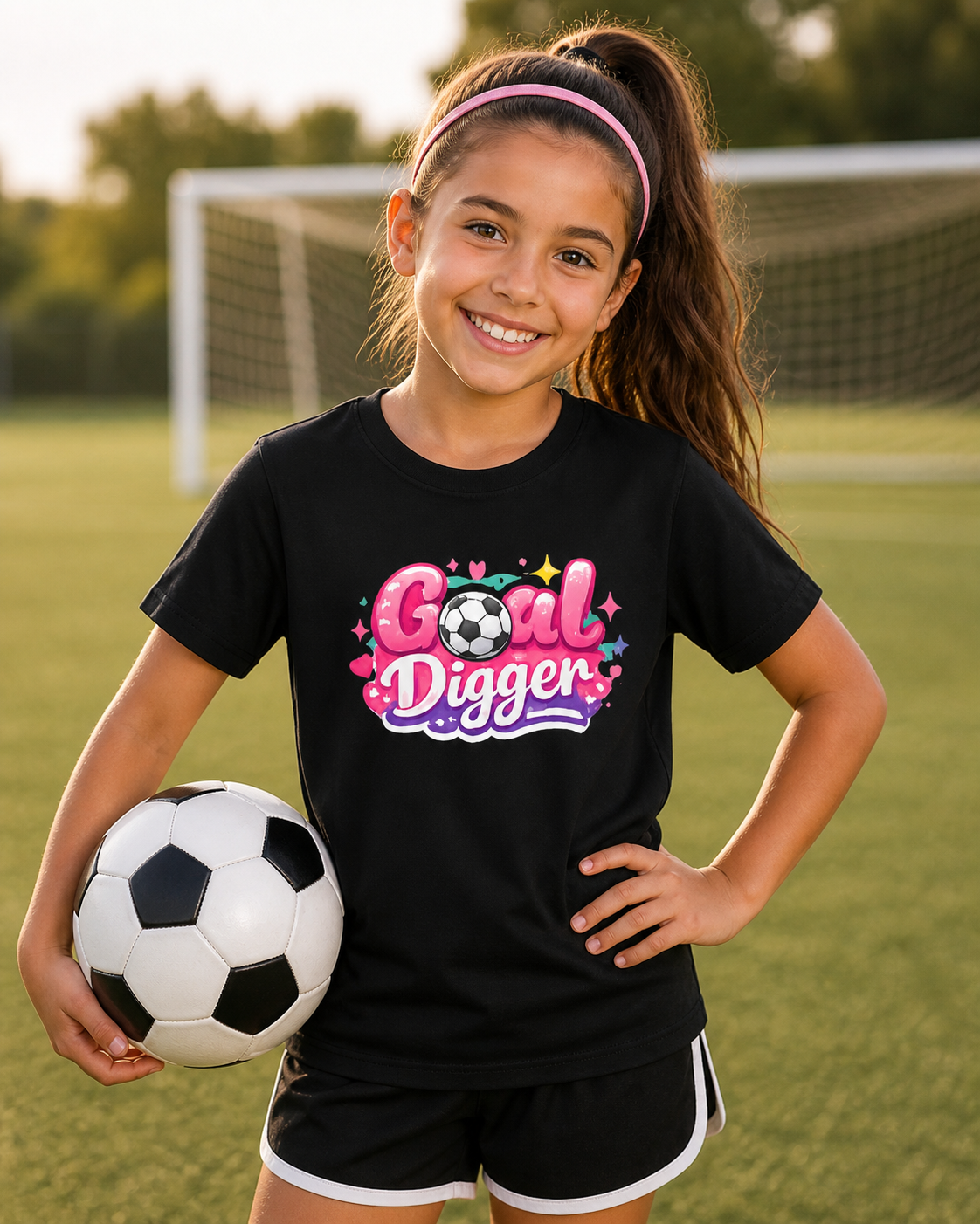 Youth Soccer Tee — "Goal Digger" Cute Pink Soccer Graphic
