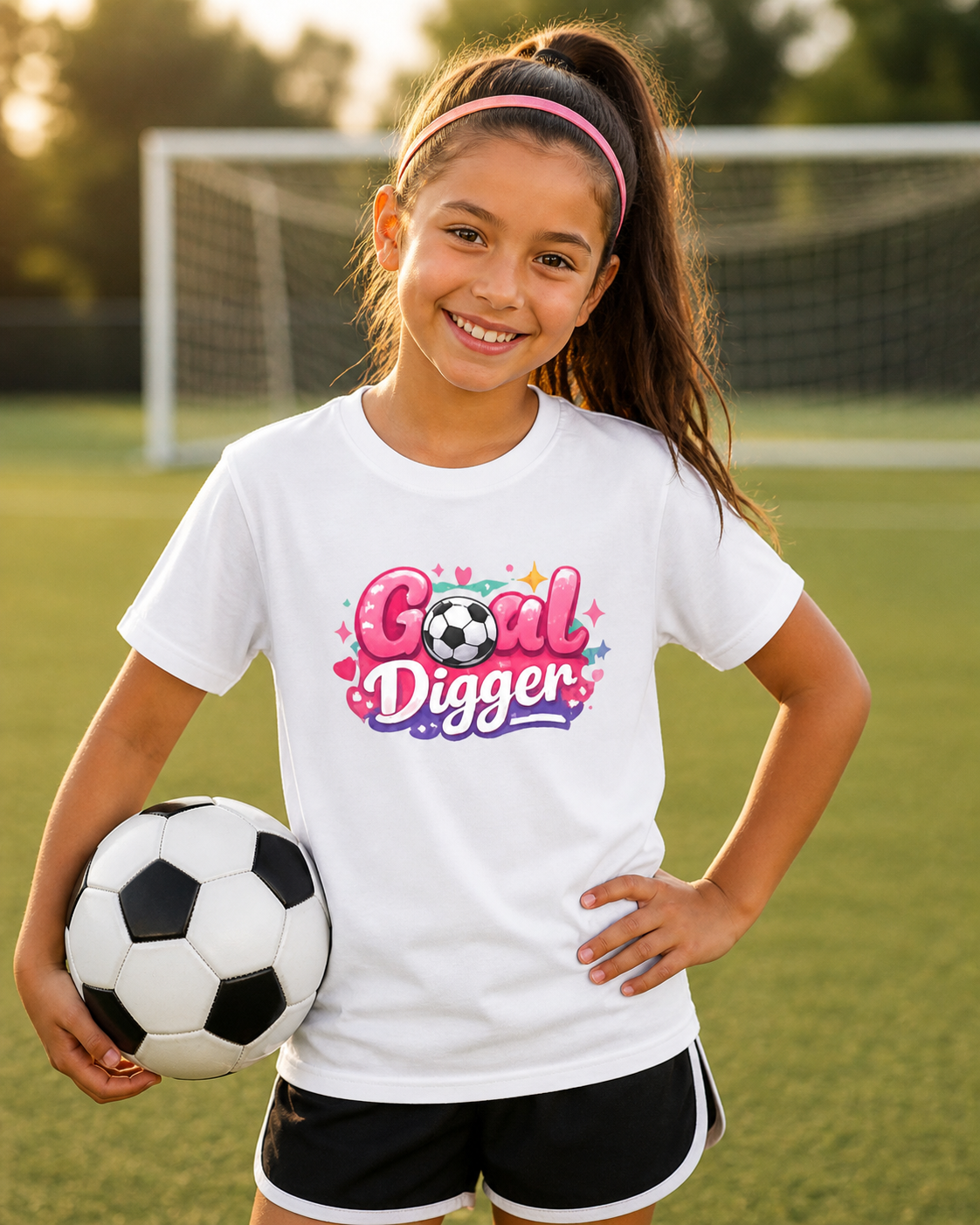 Youth Soccer Tee — "Goal Digger" Cute Pink Soccer Graphic