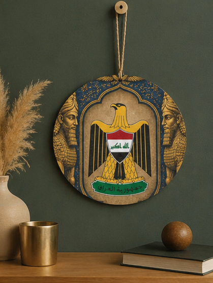 Iraq Coat of Arms Round Wood Sign – Decorative Patriotic Wall Plaque