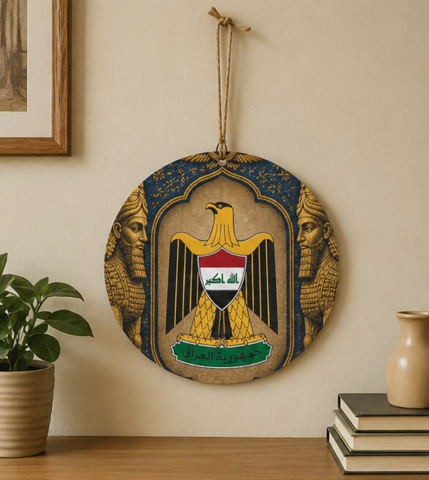 Iraq Coat of Arms Round Wood Sign – Decorative Patriotic Wall Plaque