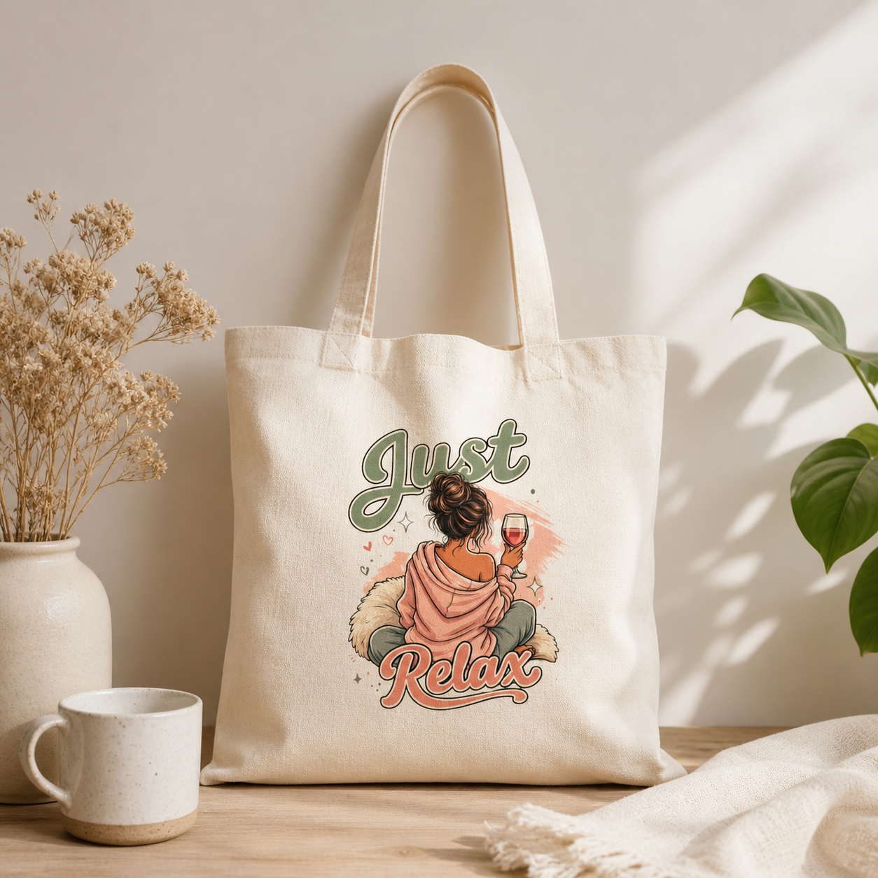 Tote Bag — "Just Relax" Illustration Canvas Tote (Cozy Wine & Self-Care Vibe)