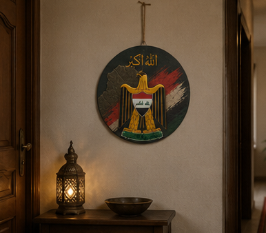 Iraq Flag Round Wood Sign — Eagle Emblem Home Wall Decor