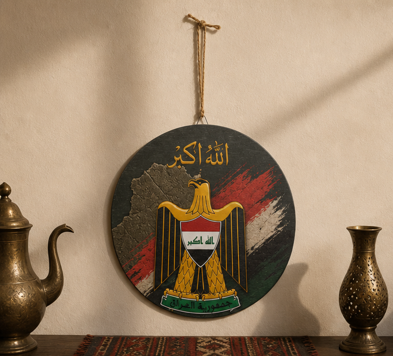 Iraq Flag Round Wood Sign — Eagle Emblem Home Wall Decor