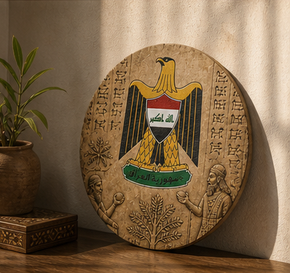 Iraq Coat of Arms Round Wood Sign – Rustic Patriotic Wall Decor
