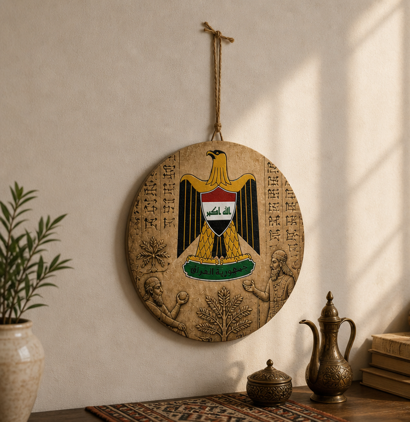 Iraq Coat of Arms Round Wood Sign – Rustic Patriotic Wall Decor