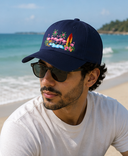 Tropical Flamingo Baseball Cap — Pink Flamingos, Surfboards & Hibiscus Hat
