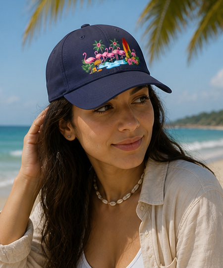 Tropical Flamingo Baseball Cap — Pink Flamingos, Surfboards & Hibiscus Hat