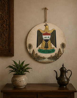 Iraq Emblem Round Wood Sign – Vintage Iraqi Coat of Arms Wall Decor