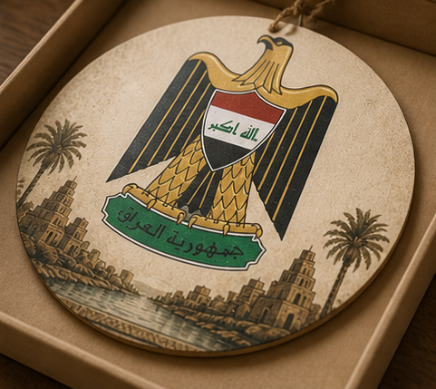 Iraq Emblem Round Wood Sign – Vintage Iraqi Coat of Arms Wall Decor