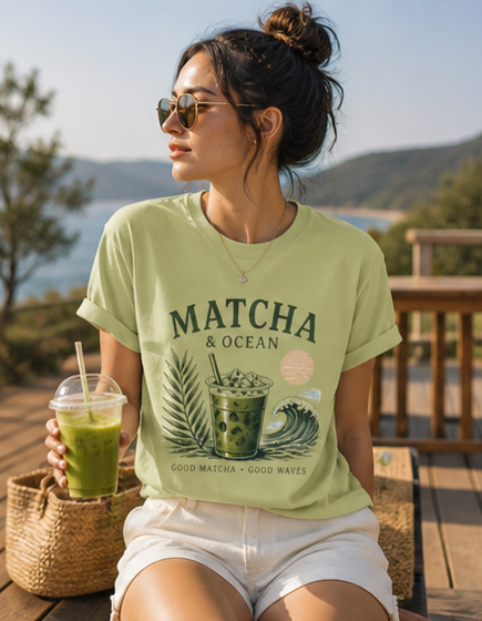 Matcha & Ocean Graphic unisex T-Shirt — Matcha Lovers Tropical Vibe Tee