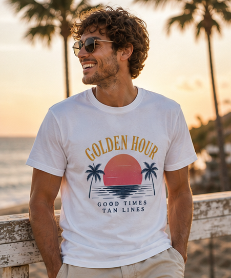 Golden Hour Sunset Tee — "Golden Hour: Good Times Tan Lines" Beach unisex T-Shirt