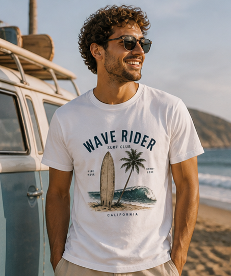Wave Rider Surf Club unisex T-Shirt — Vintage Surfboard & Palm Beach Tee