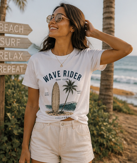 Wave Rider Surf Club unisex T-Shirt — Vintage Surfboard & Palm Beach Tee