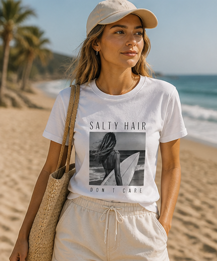 Salty Hair Surf Photo Tee — "Salty Hair, Don’t Care" Beach T-Shirt