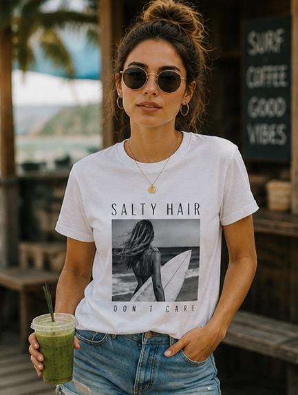 Salty Hair Surf Photo Tee — "Salty Hair, Don’t Care" Beach T-Shirt