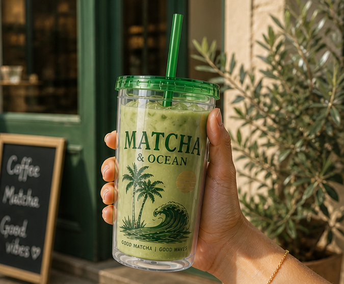 Matcha & Ocean 16oz Tumbler with Straw — Tropical Leaf Sunsplash Design