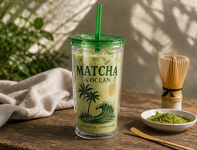 Matcha & Ocean 16oz Tumbler with Straw — Tropical Leaf Sunsplash Design