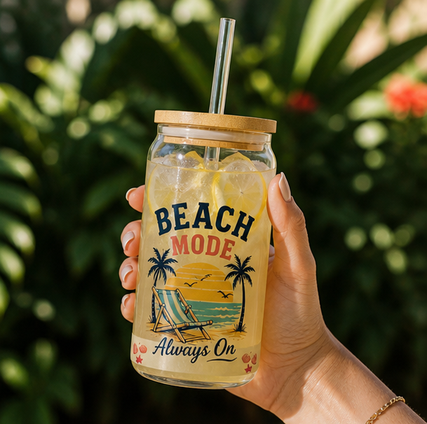 Beach Mode 16oz Sipper Glass — 'Always On' Tropical Tumbler with Straw