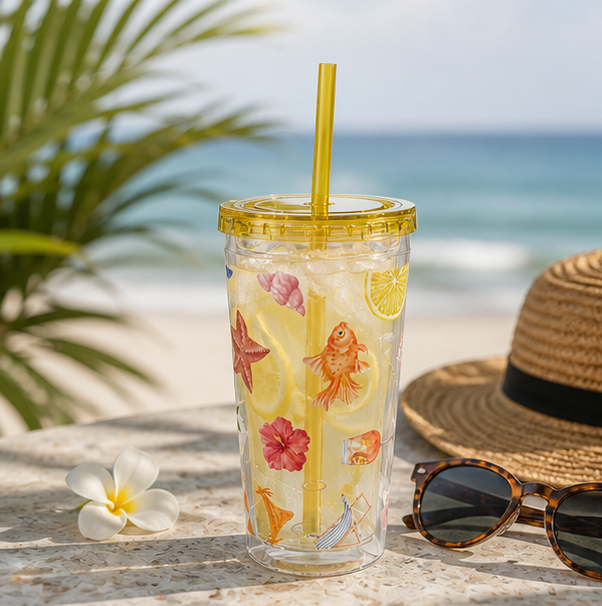 16oz Sunsplash Tumbler with Straw — Beach Shell & Tropical Watercolor Pattern