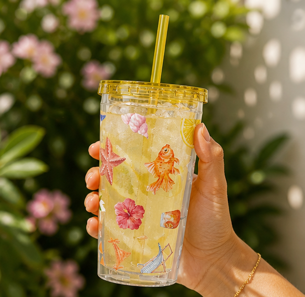 16oz Sunsplash Tumbler with Straw — Beach Shell & Tropical Watercolor Pattern